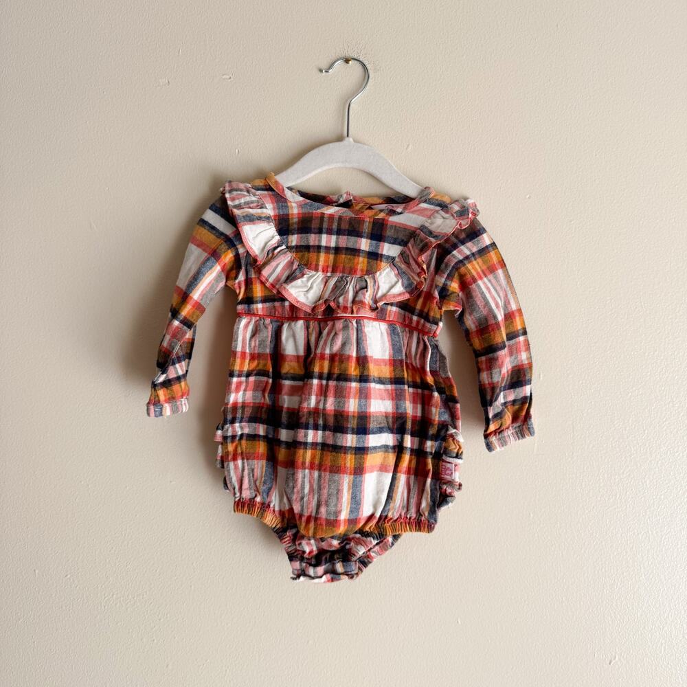 RuffleButts Pink + Brown Plaid Ruffle Bubble Romper - 12 to 18 Months Fall